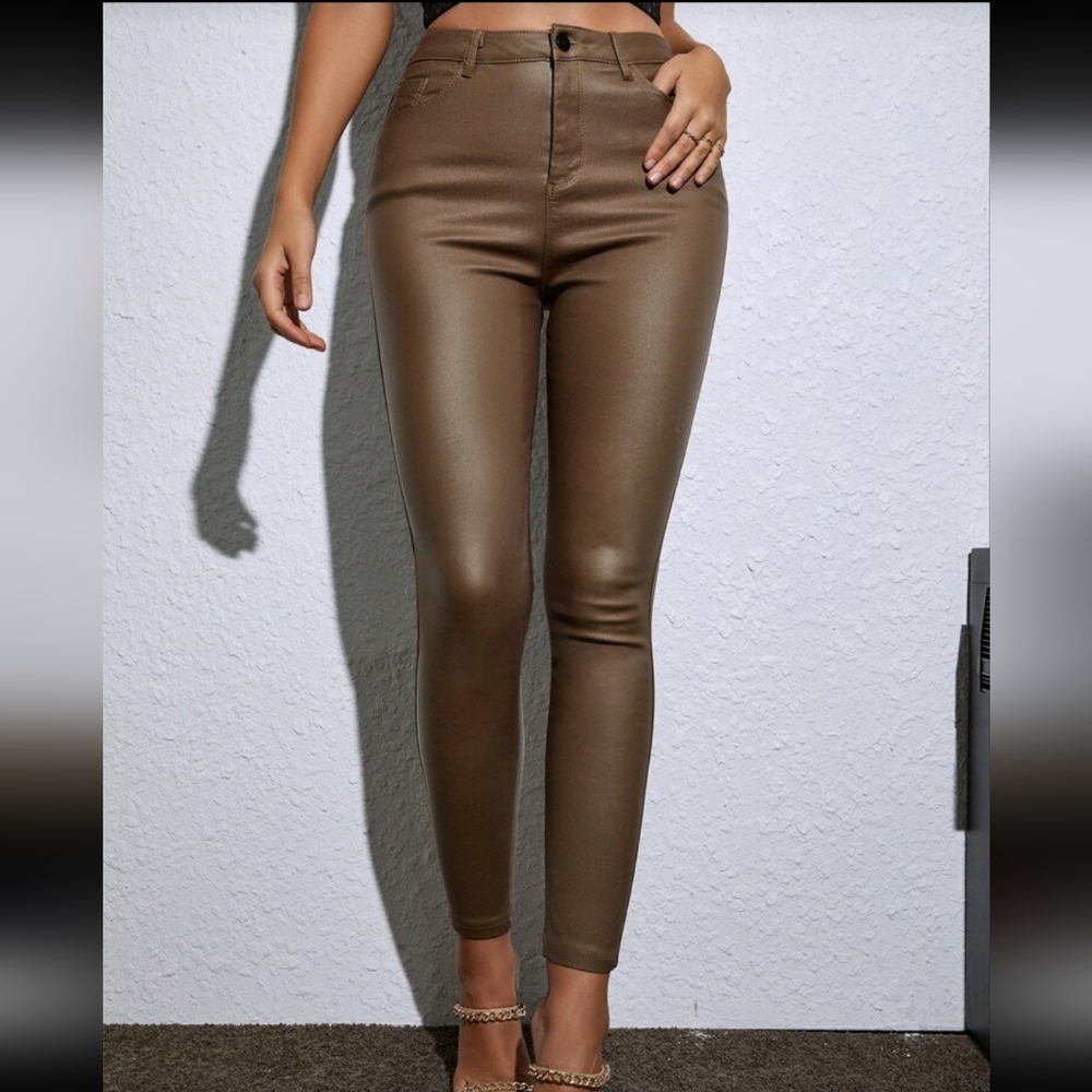 Stylish Brown Faux Leather Pants Size M